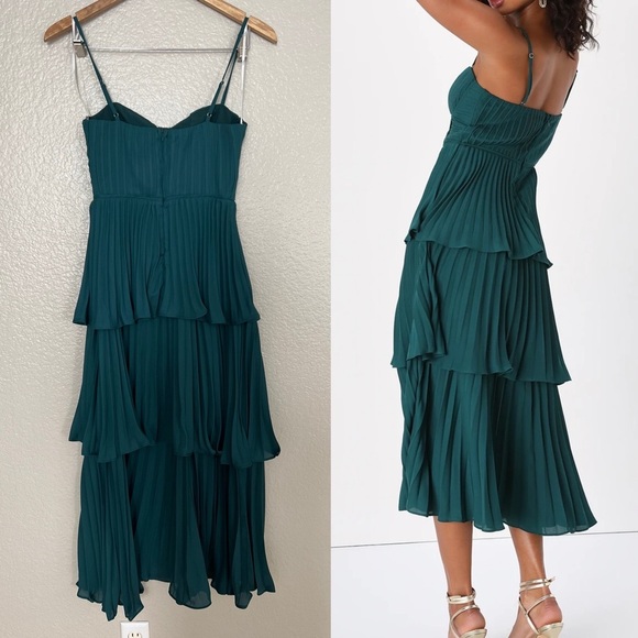 Lulus Cascading Crush Emerald Green Tiered Bustier Midi Dress - Picture 3 of 8